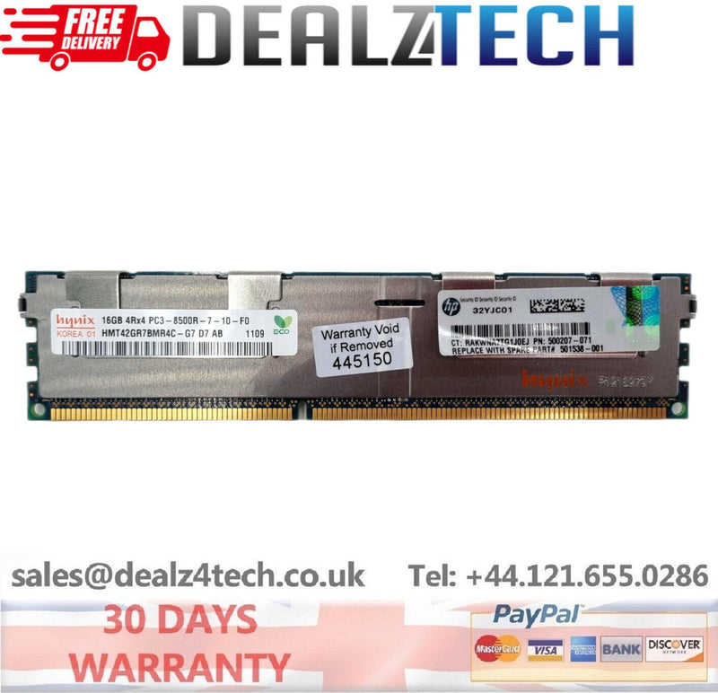 HP 16GB 4RX4 PC3-8500R MEMORY MODULE (1X16GB) 500207-071 / 501538-001